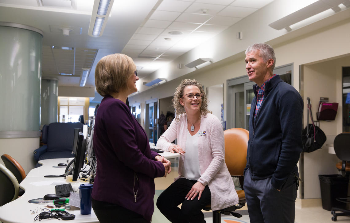 The Clinical Trials Unit is housed in the Foothills Medical Centre’s Intensive Care Unit and managed by the hospital’s critical care team, including Kelly Coutts, patient care manager, left, and Kimberly Pennell, nursing unit manager, here with Christopher Doig, AHS medical director. This allows patients with rare or serious disorders who may require immediate medical attention to safely participate in research.